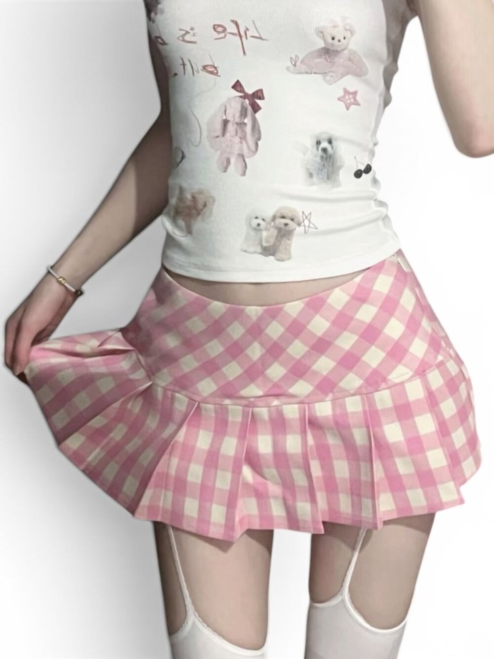 NWT Pink Gingham Low Rise Pleated Skort Mini Skirt Built In Shorts Size L